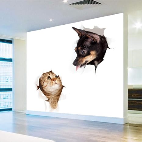 Dibujos animados creativos pared rota gato y perro fondo de pantalla