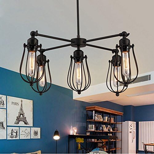 JINGUO Lighting Industrial Chandelier 5 Lights Pendant Lights Hanging Lamp Ceiling Light Fixture with Cage Frame Loft Style for Kitchen Restaurant Cafe Bar Living Room