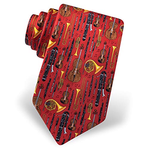 Men's 100% Silk Well Orchestrated Musical Instruments Music Tie Necktie (Red)