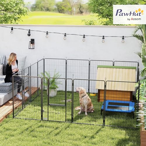 PawHut 16 Panels Dog Playpen, 27" W x 39.5" H Portable Heavy Duty Pet Fence with Door & Strap for Indoor Outdoor Backyard Garden, Foldable Puppy Pet Pen for Large Dogs