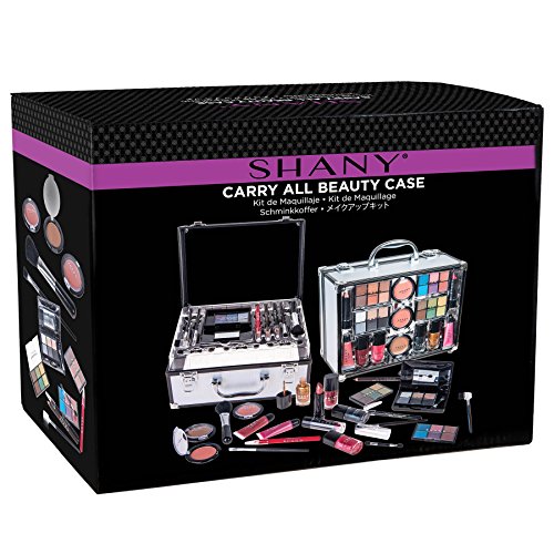 SHANY Carry All Trunk Makeup Train Case with Re-usable Aluminum Makeup Storage Case. Make up Set with Eye palettes, Blushes,Makeup Powders, Manicure, Pedicure and Makeup Brushes.