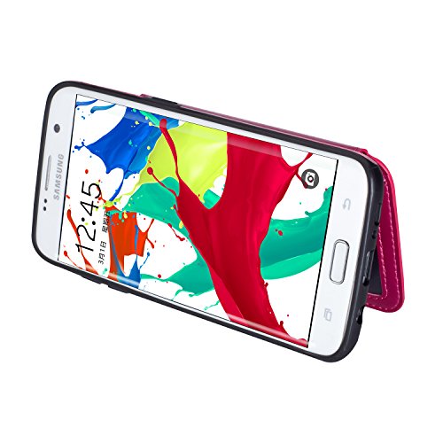 For Samsung Galaxy S7 Pocket Case, Aearl TPU Bumper Shell Back Magnetic Button Closure Vintage PU Leather Cover Zipper Wallet Purse Card Holder Slot Kickstand Case for Samsung Galaxy S7 - Rose Red - Thumbnail 5