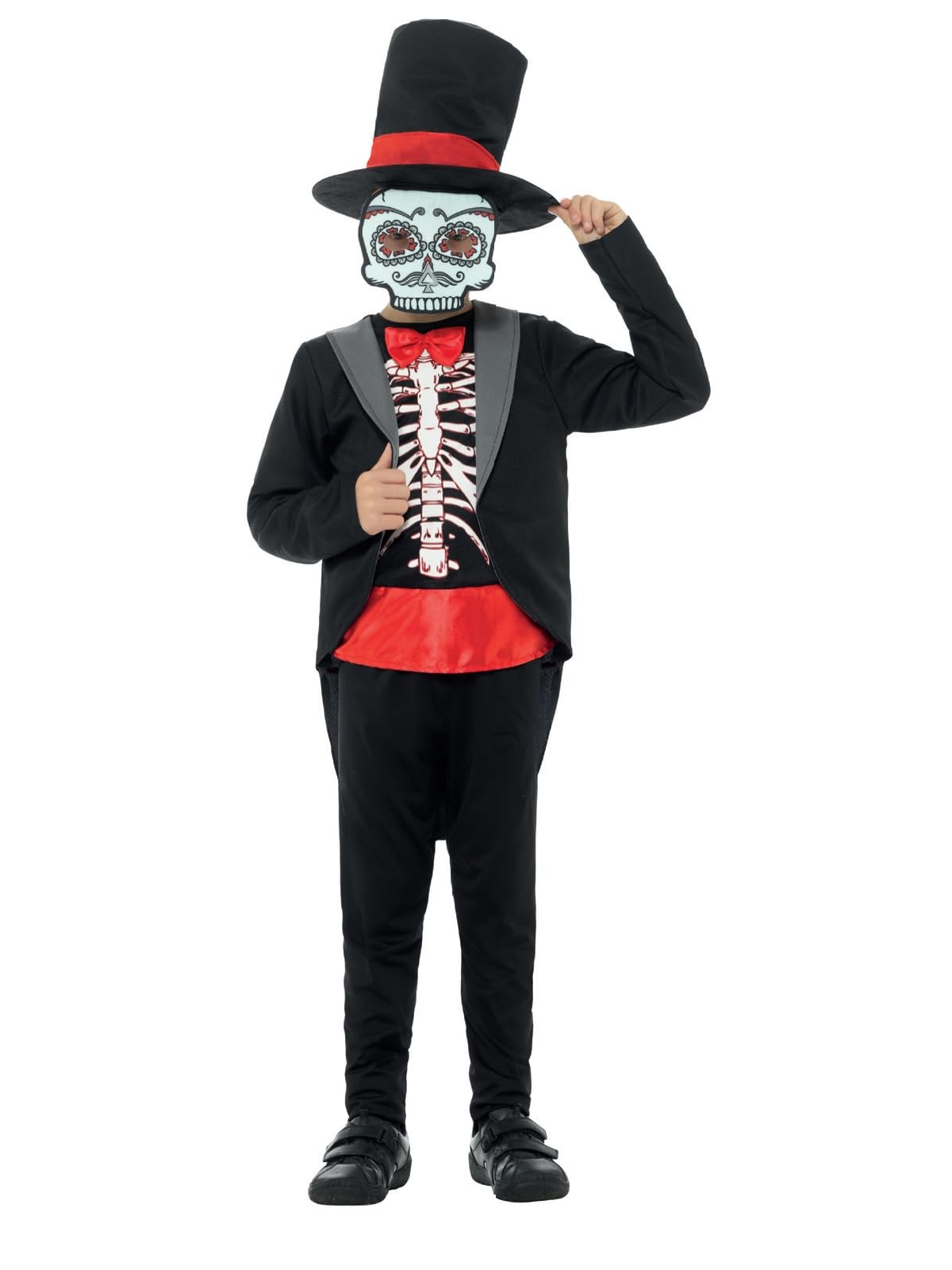 Smiffys Day of the Dead Boy Costume, Black with Jacket, Mock Top, Trousers, Hat & Mask, Halloween Child Fancy Dress, Halloween Dress Up Costumes
