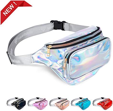 Fanny Pack Belt Bag, Holographic Fanny Packs Women Men Kids, Fashion Waterproof Waist Pack 3 Pouches Adjustable Strap, Shiny Causal Bags Cute Bum Bag Hip Sacks for Travel Festival Hiking Rave