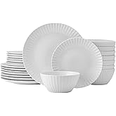 Pfaltzgraff Fluted Grace 24 Piece Porcelain Plate and Bowl Dinnerware Set, Service for 8, Fluted Design, Durable for Everyday Use, White