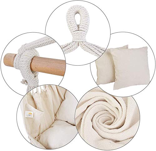 Hängesessel Beige, Hängestuhl, 2 Sitzkissen & Buchtasche inkl. Befestigungsset für Indoor & Outdoor 150kg (Beige), Hänge… – Bild 4