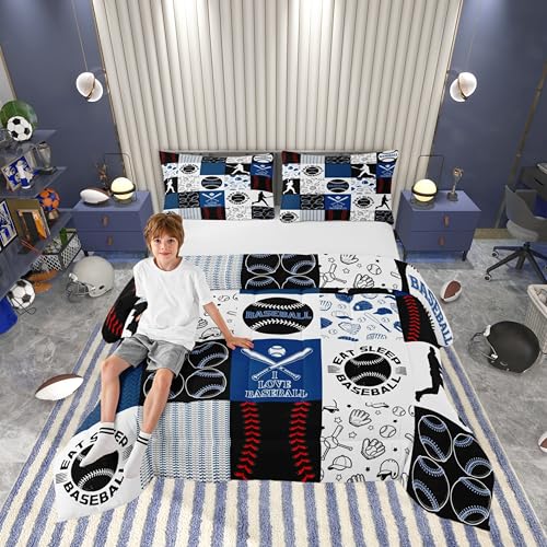 Castle Fairy Baseball Bedding Set for Boys Girls,Patchwork Baseball All Season Cozy Comforter Set Full Size,Sports Geometric Grid Blue Duvet Set Bedroom Decor,Festival Gifts at Amazon