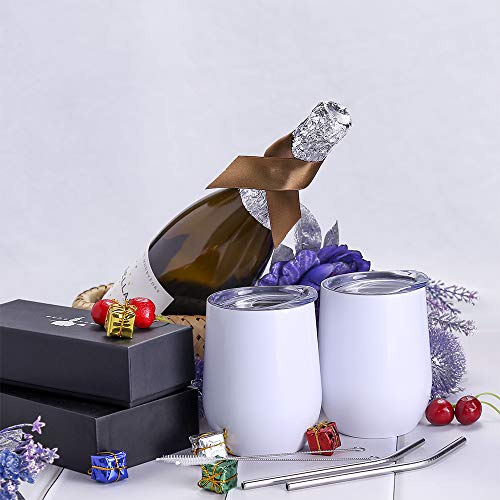2 Pack 12 oz Wine Tumbler with Lids, Double Wall Vacuum Insulated Stainless Steel Stemless Wine Glass, Travel Coffee Mug Cup for Wine, Drinks, Champagne, Cocktails (Include Straws & Brush) (White)