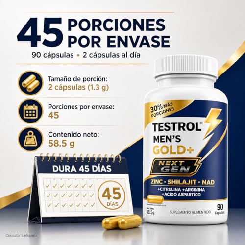 TESTROL GOLD + Next Gen, Suplemento para Hombres con Zinc, Shilajit, NAD, Magnesio, Arginina, Citrulina y Ácido Aspártico, 90 Cápsulas.