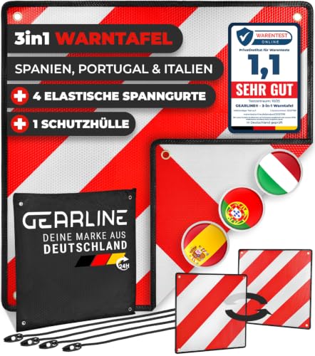 GEARLINE 3-in-1 Warning Sign for Italy, Spain & Portugal [Includes 4 Tie Down Straps & Protective Cover] - Warning Sign for Rear Carrier When Travelling to Spain, Portugal & as Optical Identification for Italy