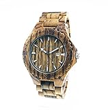 BEWELL Handmade Wood Quartz Analog Watch 100% Natural Wooden Wristwatch with Date (A style zebra wood)