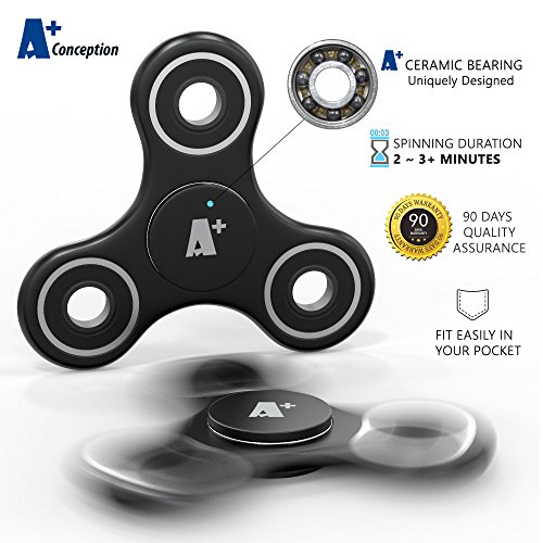 A+ Quality Fidget Spinner Toy For Anxiety & Stress Relief - Strong ABS Frame & Hybrid Ceramic Precision Bearings - Hand & Finger Sensory Toy For ADHD, ADD, OCD - For Children & Adults - BLACK