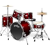 Ashthorpe 5-Piece Full Size Adult Drum Set with Remo Heads & Premium Brass Cymbals - Complete Professional Percussion Kit with Chrome Hardware - Red