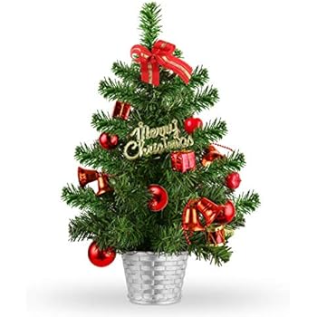 TIOVERY Tabletop Christmas Tree, 18 Inch Mini Small Christmas Pine Tree with Decorated Red Balls Baubles Ornaments and Solid Metal Bowl for Indoor Outdoor Holiday Decoration