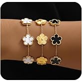 Billet-doux 18k Gold Plated Clover Flower Bracelet for Women, White/Black/Gold Flower Clover Motif Link Chain Bracelets, Adjustable size, Trendy Charm Jewelry Gifts for Women