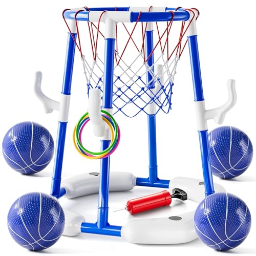 Uniiking® Pool Basketball Hoop Toys for Adult, Summer Outdoor Swimming Pool Games Water Play Toys Family Party for Kids, 2 in1 Pool Basketball Hoop & Ring Game with 4 Balls 12 Rings & Pump, Blue