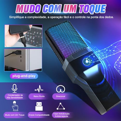 Microfone de Mesa, Microfone USB para PC com Suporte, Streaming, Podcasts, Gravação, para Computador no Mac/PS4/PS5, Microfone Gamer