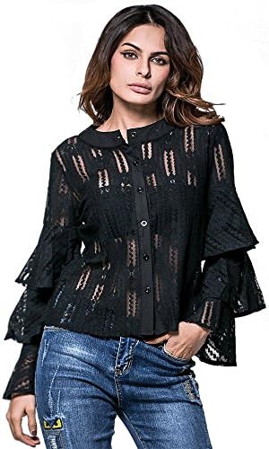 Lace Top Blouse Showin Women's Elegant Hollow Out Flower Shirt Layered Ruffle Bell Long Sleeve Round Neck Tops