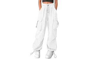 Girls Parachute Cargo Pants High Waisted Baggy Casual Y2K Trouser Kids Wide Leg Hip Hop Streetwear with Multi Pocket