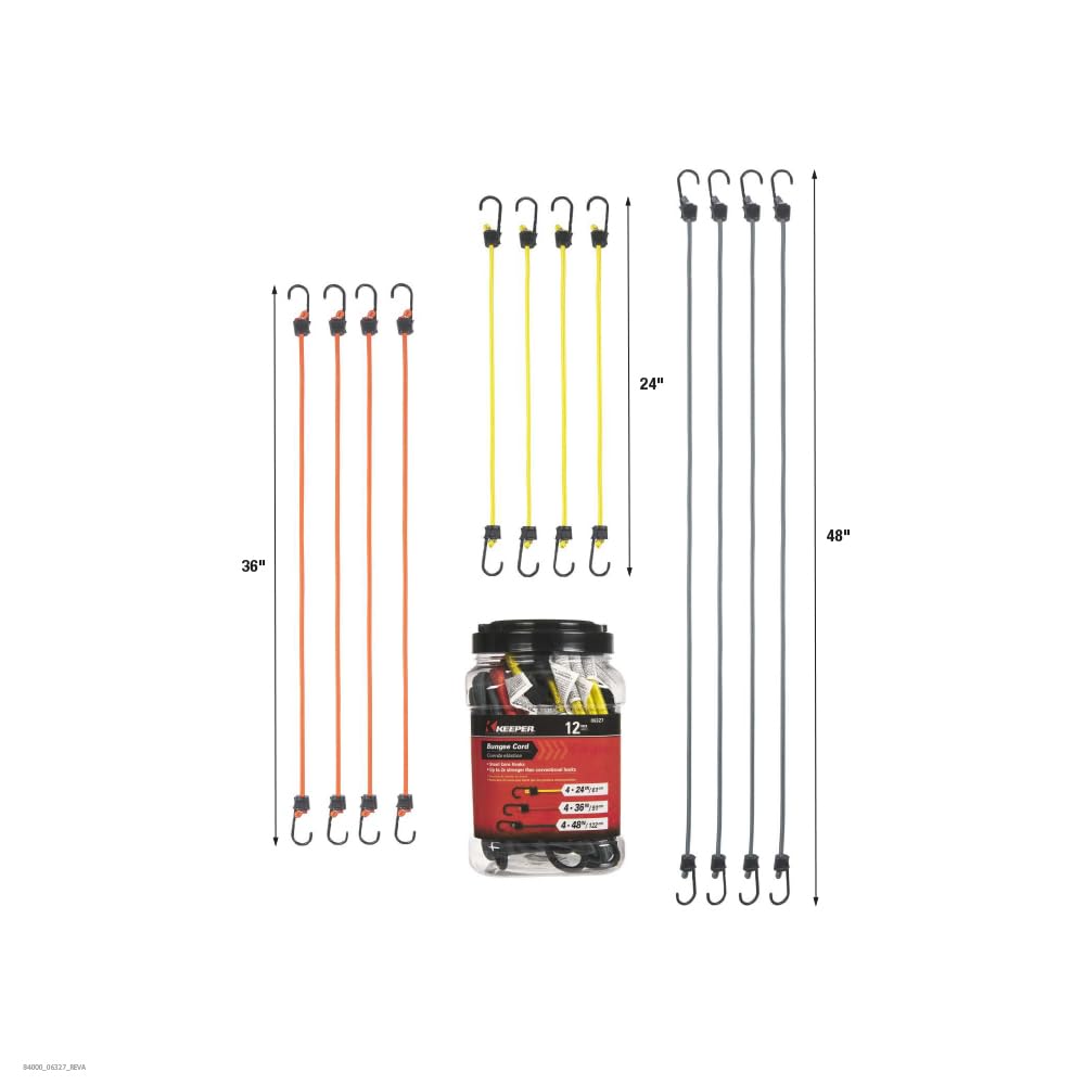 Keeper 06327 12 Piece Premium Bungee Cord with SST Hooks Jar, Assorted Sizes, Multicolor