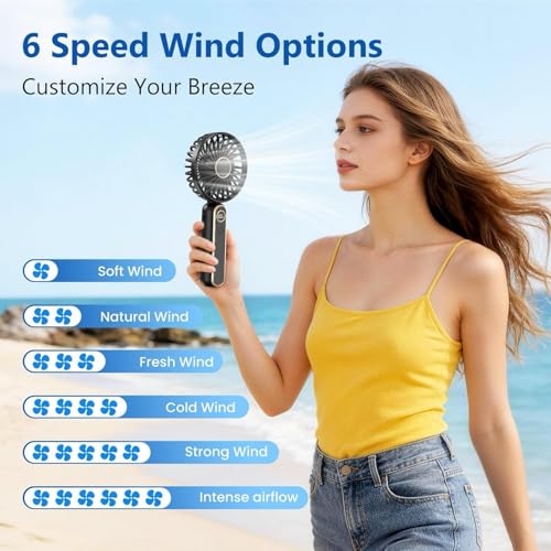 PALATALA Handheld Fan, Powerful Hand Held Fan Rechargeable with 6 Speeds, Portable Fan Handheld with LED Display, 4000mAh Hand Fan for Home Office Travel Bedroom Outdoor Travel (BLACK)