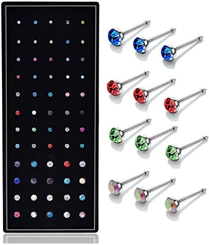 Fystir 60pcs 22G Small Nose Rings Studs Piercings Jewelry Stainless Steel 1.5mm 2mm 3mm a Set (60pcs (1 Box Colored))