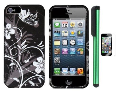 Black Silver Butterfly Flower Premium Design Protector Hard Cover Case Compatible for Apple Iphone 5 (AT&T, Sprint, Verizon) + Screen Protector Film + Combination 1 of New Metal Stylus Touch Screen Pen (4" Height, Random Color- Black, Silver, Hot Pink, Green, Light Green, Red, Blue, Light Blue, Purple and Gold)