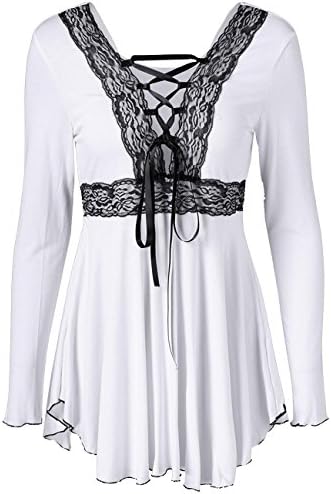 Imagine Women's Long Sleev Sexy Front Lace Up V Necke High Waist Tunic T-Shirt Tops Blouses