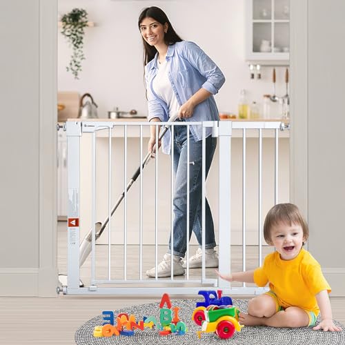 COMOMY Extendable Safety Barrier 75-103 cm, Child Safety Barrier with Automatic Closing System, 7 cm and 14 cm Extensions, White