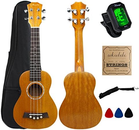 Soprano Ukulele 21 inch with Ukulele Accessories,Gig Bag,Strap,Nylon String,Electric Tuner,Picks-Mahogany Stain