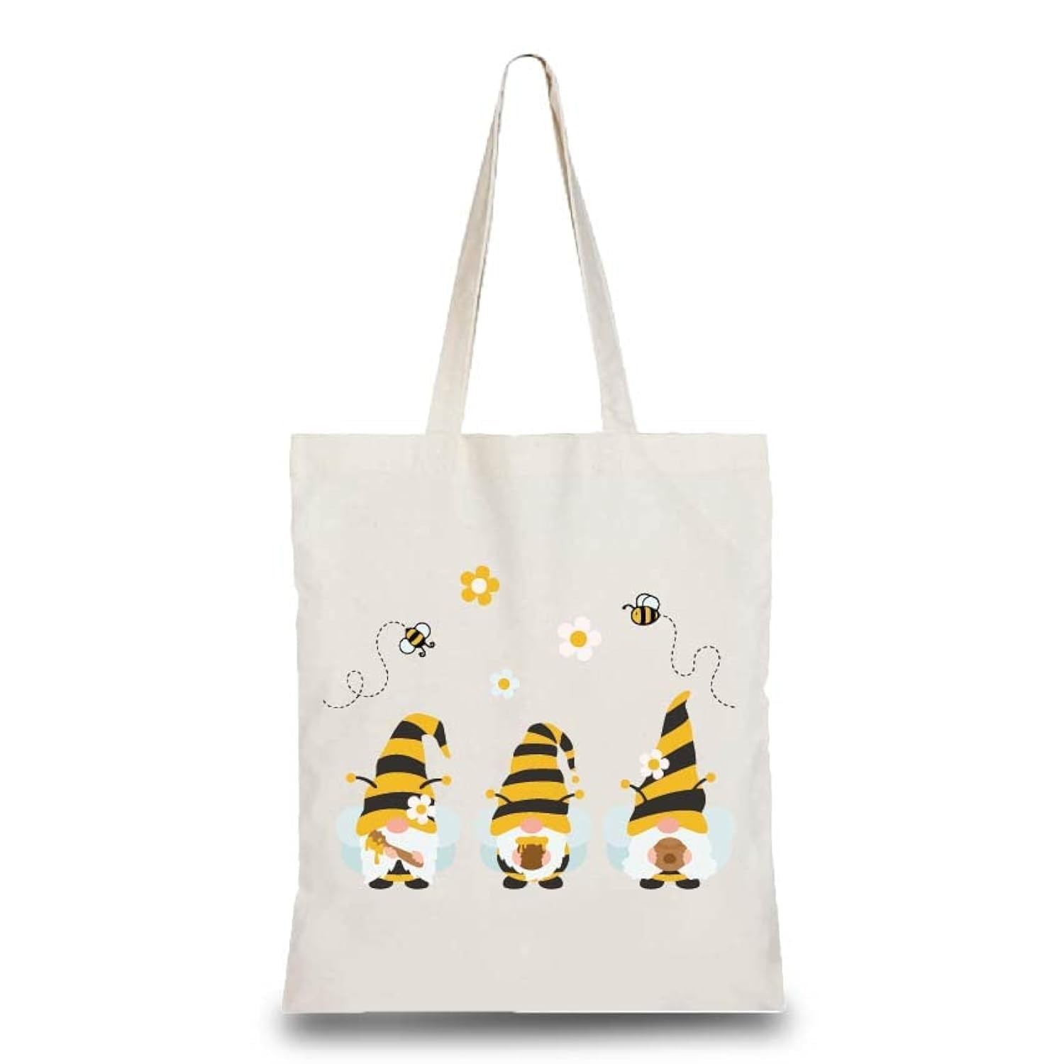 CREATCABIN Gnome Bee Cotton Tote Bag Canvas 100% Cotton Reusable Shopping Bags Beach Bag Summer Grocery Bags Eco-Friendly Aesthetic DIY Craft Multi-Function for Women Gifts Daily Life 13.3 x 15 Inch