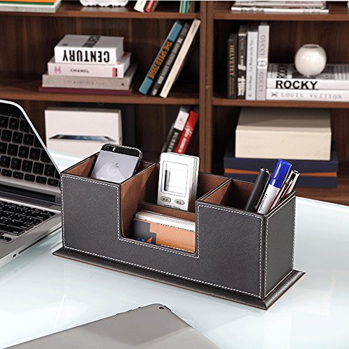UnionBasic PU Leather 4 Compartment Desk Organizer Card/Pen/Pencil/Mobile Phone Office Supplies Holder Collection Desktop Organizer (Coffee)