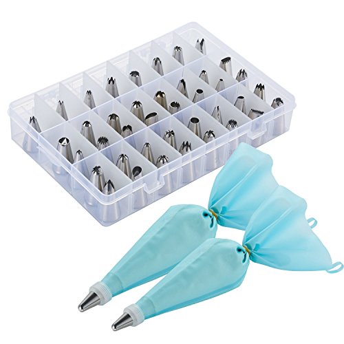 52 Pieces Cake Decorating Tips Set Storage Case,Cupcake Decoration Supplies Kit with 42 Stainless Steel Icing Tips , 2 Silicone Pastry Bag, 2 Flower Nails, 2 Couplers and 1 Wash Brush for Cookie