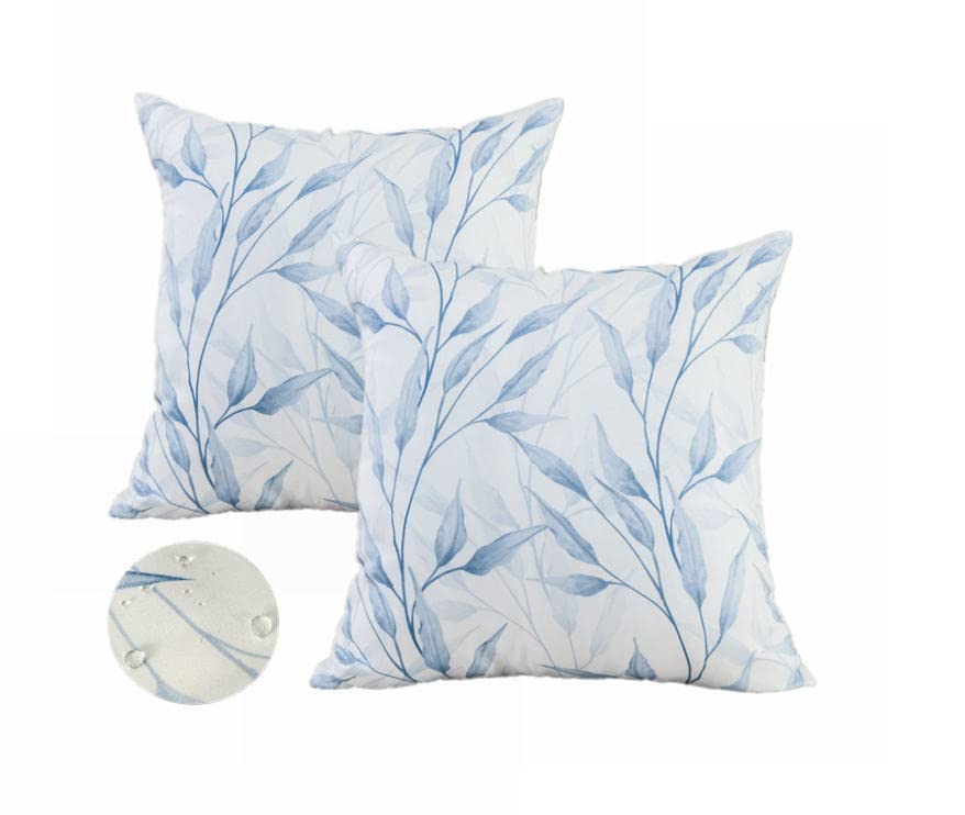 Labilin Cushion Covers Outdoor Waterproof Farmhouse Decorative Throw Pillow Covers for Patio Garden Balcony Camping, 18x18 Inch Blue Leaf Print Couch Pillows, Set of 2