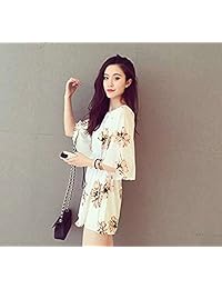 De la Mujer floral patrón volantes dobladillo vestido corto de gasa boho túnica (blanco)