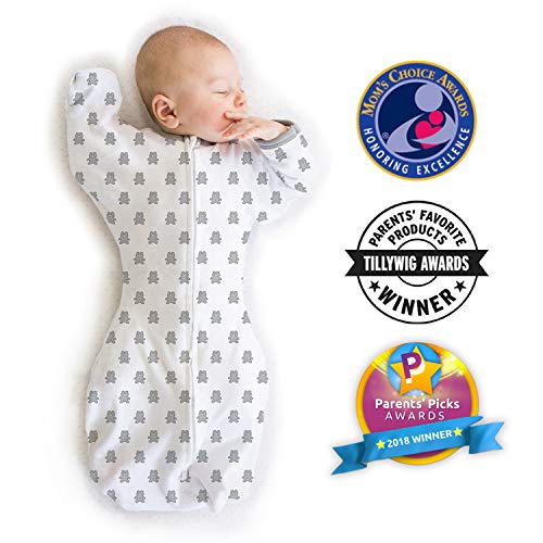 Amazing Baby Transitional Swaddle Sack with Arms Up Mitten Cuffs, Tiny Bear, Sterling, Small, 0-3 Months (Parents' Picks Award Winner)