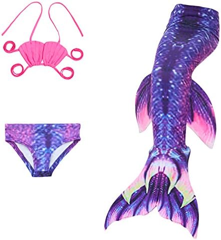 Wentas Girls Princess Sparkle Mermaid Tail 3pcs Sets Swimmable Bikini Swimwear, Purple 110