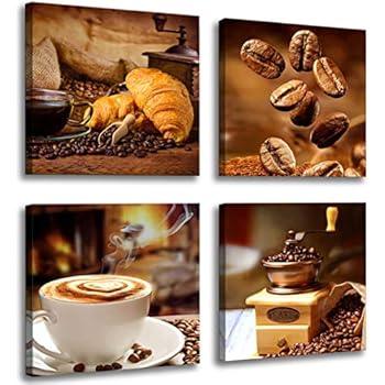 Kitchen Canvas Art Coffee Bean Coffee Cup Canvas Prints Coffee Wall Decor-4 Panels Framed Ready to Hang Coffee Image-Table Dining Room Canvas Wall Art Contemporary Pictures for Dining Home Decoration