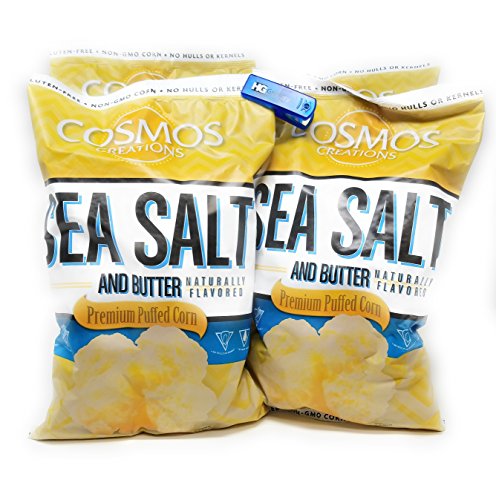 Cosmos Creations Premium Puffed Corn 4 Pack, Gluten Free, Non GMO, Bonus One HG Grocery Bag Clip (Colors Vary) (Sea Salt and Butter, 7 Ounce) Cosmos Creations Premium Puffed Corn 4 Pack, Gluten Free, Non GMO, Bonus One HG Grocery Bag Clip (Colors Vary) (Sea Salt and Butter, 7 Ounce)