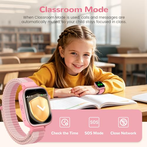 4G Smart Watch Children with GPS and Video Calling, Smartwatch Children with Calls, Voice Chat, SOS, School Mode, IP68 Waterproof, Pedometer, Alarm Clock, Camera, Gift Girls and Boys 4-15, Pink