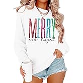 Merry and Bright Sweatshirt Women Merry Christmas Letter Print Long Sleeve Sweater Xmas Crewneck Pullover Casual Blouse Tops