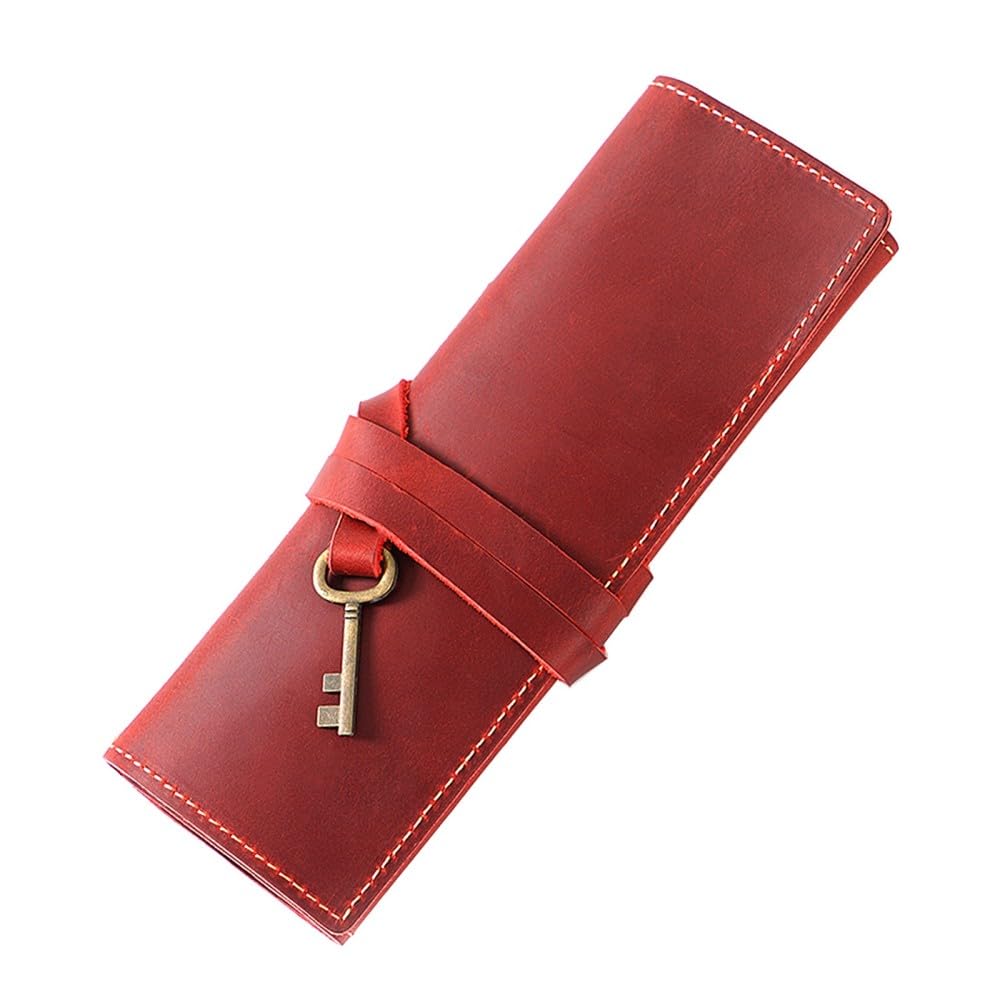 DONGKER Leather Pen Bag,Roll-Up Leather Wrap Pen Pouch, Foldable Pencil Roll Organizer for Student Artist Drawing Coloring