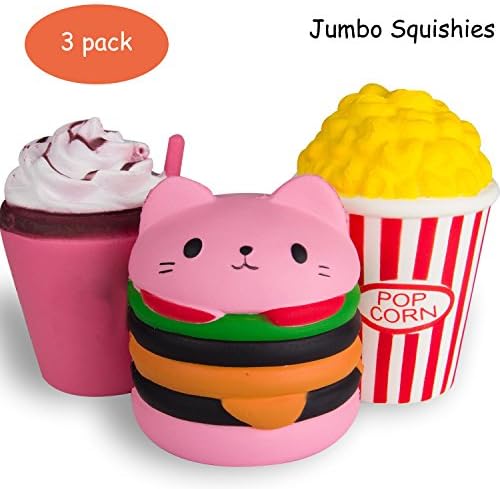 HIGO TOY 3pc Jumbo Squishies Set Hamburger Popcorn Coffee Cup Scented Slow Rising Squeeze squishies Toy Stress Relief Decorations Toy Great Gift for Adults and Kids, Party Birthday Toys