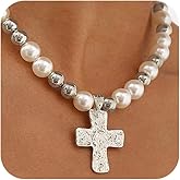 Chunky Gold Cross Beaded Pearls Necklace for Women Statement Hammered Bold Cross Pendant Vintage Silver Beads Pearl Necklaces Y2K Religious Jewelry Gift