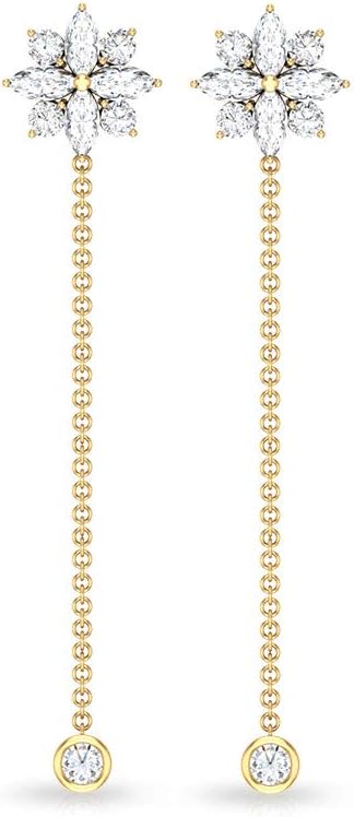 3/4 Carat Marquise Round Certified Diamond Cluster Drop Earring, Bridal Wedding 14k Gold long Chain Earring, Women Flower Birthday Chandelier Earrings, Screw Back
