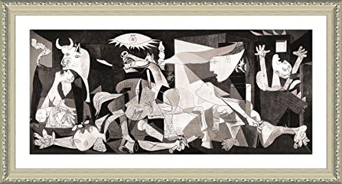 Alonline Art - Guernica by Pablo Picasso | Biege framed picture printed on 100% cotton canvas, attached to the foam board | Ready to hang frame | 34"x17" | Wall art home decor for living room giclee