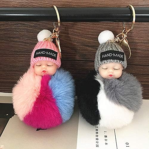 CPFYZH Cute sleeping baby doll key chain artificial pom-pom rabbit hair ball plush key ring ladies key chain bag pendant toy-a_pair