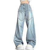 RILGOU Y2K Gothic Grunge Casual Style High Waist Straight Vintage Star Rivets Decor Wide Leg Jeans