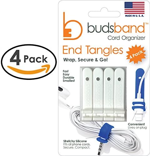 Budsband - Earbuds Holder, Headphone Organizer, Earbuds Wrap, Earphone Keeper, Cable Winder Manager (4-Pack White) Made in USA
