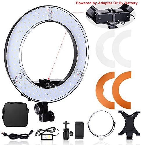 Hakutatz Portable Dimmable 14 inches LED Ring Light 42W Powered by Adapter Or By Battery Camera Photo Video 5500K Kit with Bag,Filter Set,Swivel Ball Head,Cellphone Clip Holder,iPAD Clip Holder,Mirror
